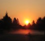 Amazing sunrise with the fog crawling across the roadway.